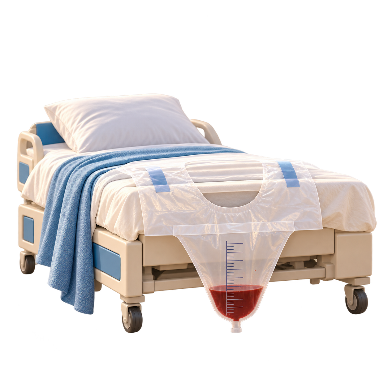 Two waffle grids of 100 squares. By visual estimation, 52 of 100 haemorrhages are missed. With a calibrated drape, only 7 of 100 postpartum haemorrhages are missed.