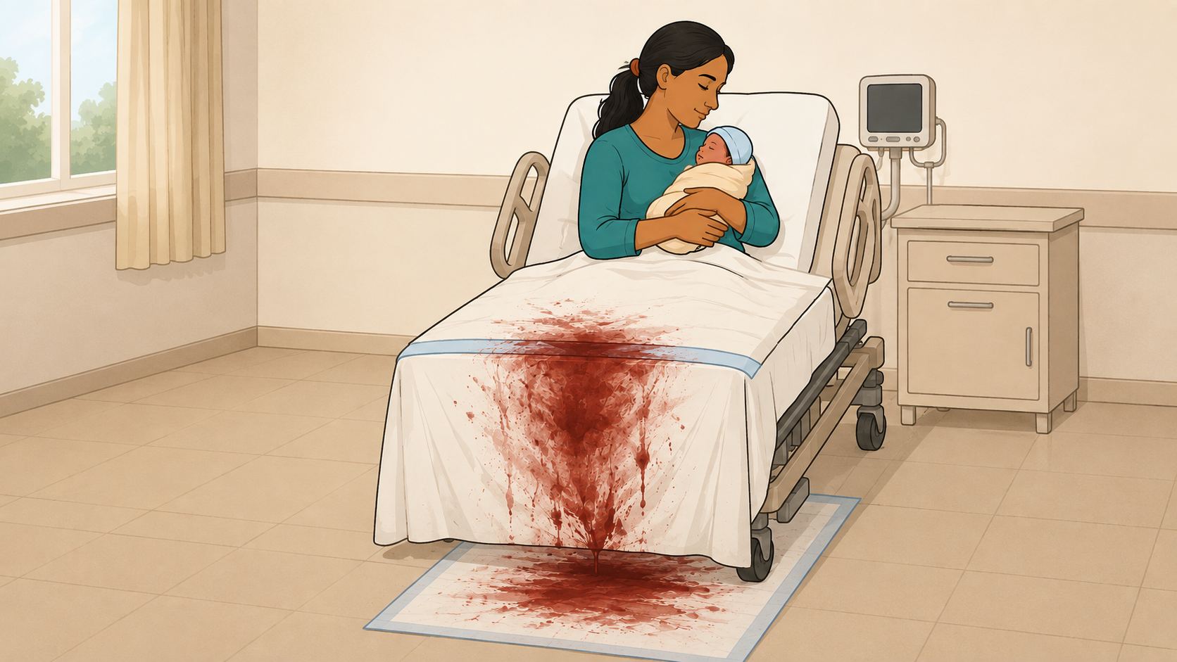 Measured scenario An animation: blood pooling in a calibrated drape stays concentrated and easy to read, while the same volume spread thin across pads and floor tiles looks like far less. This dispersal is why the eye underestimates blood loss.